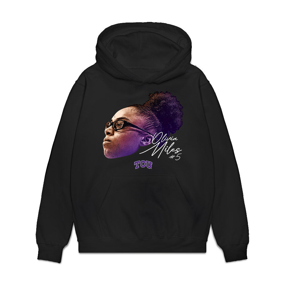 TCU - NCAA Women's Basketball : Olivia Miles - Game Face Premium Hooded Sweatshirt-0