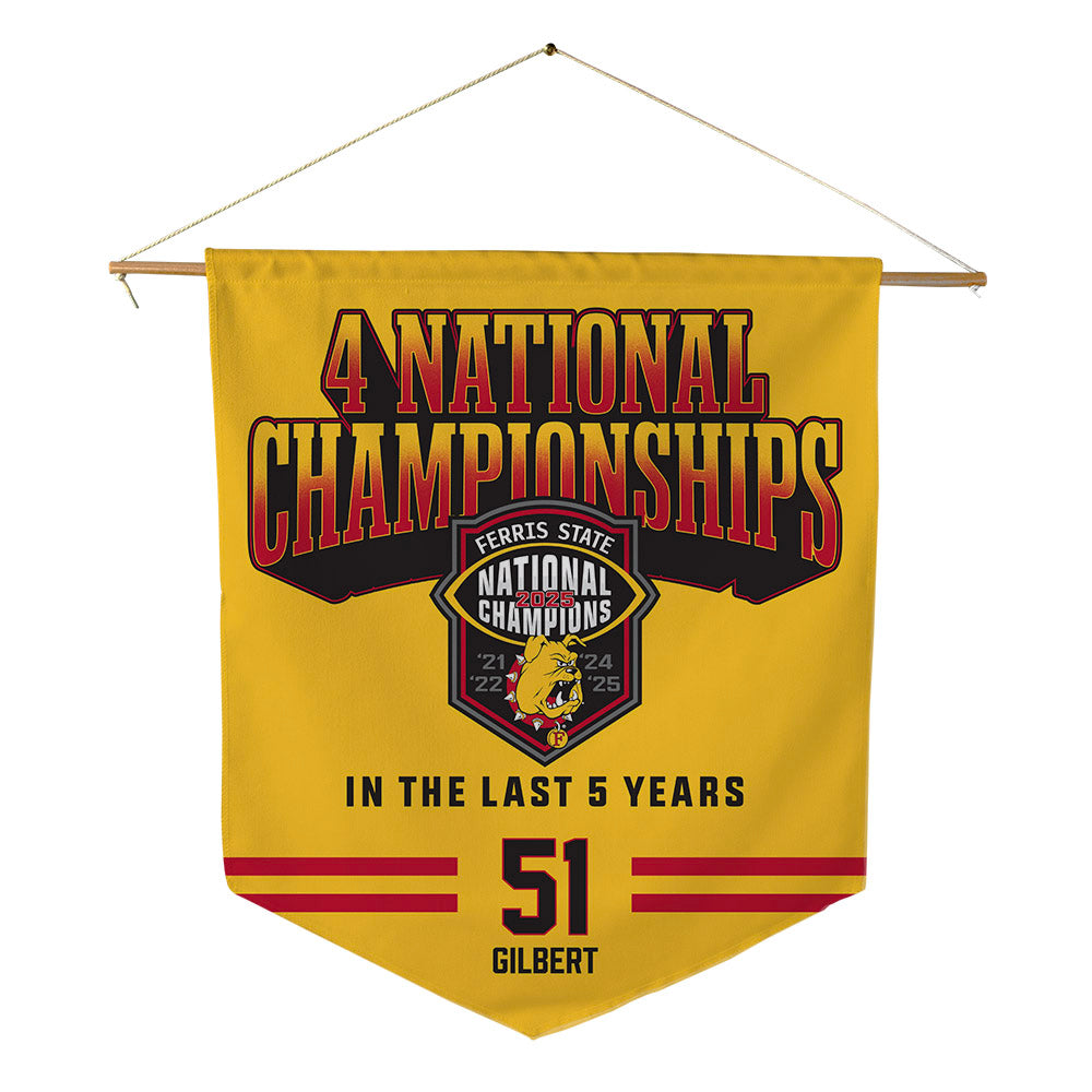 Ferris State - NCAA Football : DJ Gilbert - 4 National Championships Pennant - 18" x 21"-0
