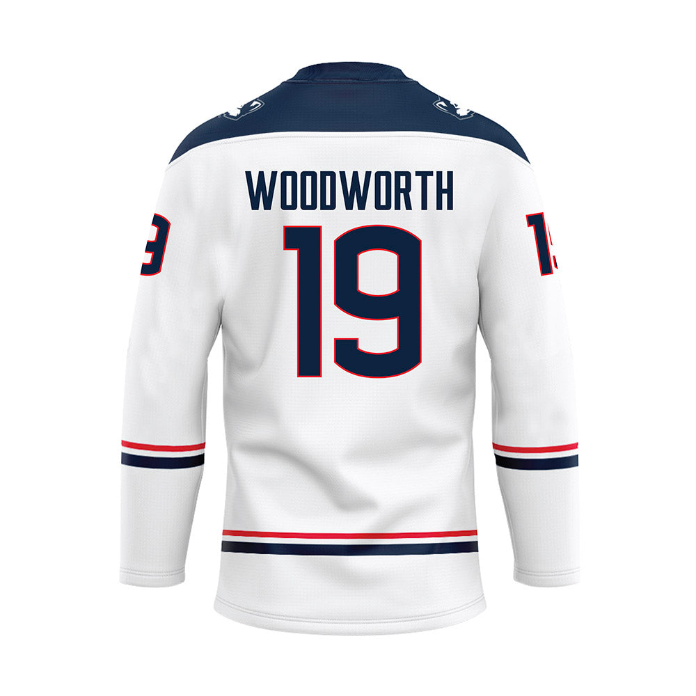 UConn - NCAA Women's Ice Hockey : Megan Woodworth - White Hockey Jersey