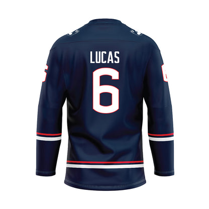 UConn - NCAA Men's Ice Hockey : Andrew Lucas - Navy Hockey Jersey