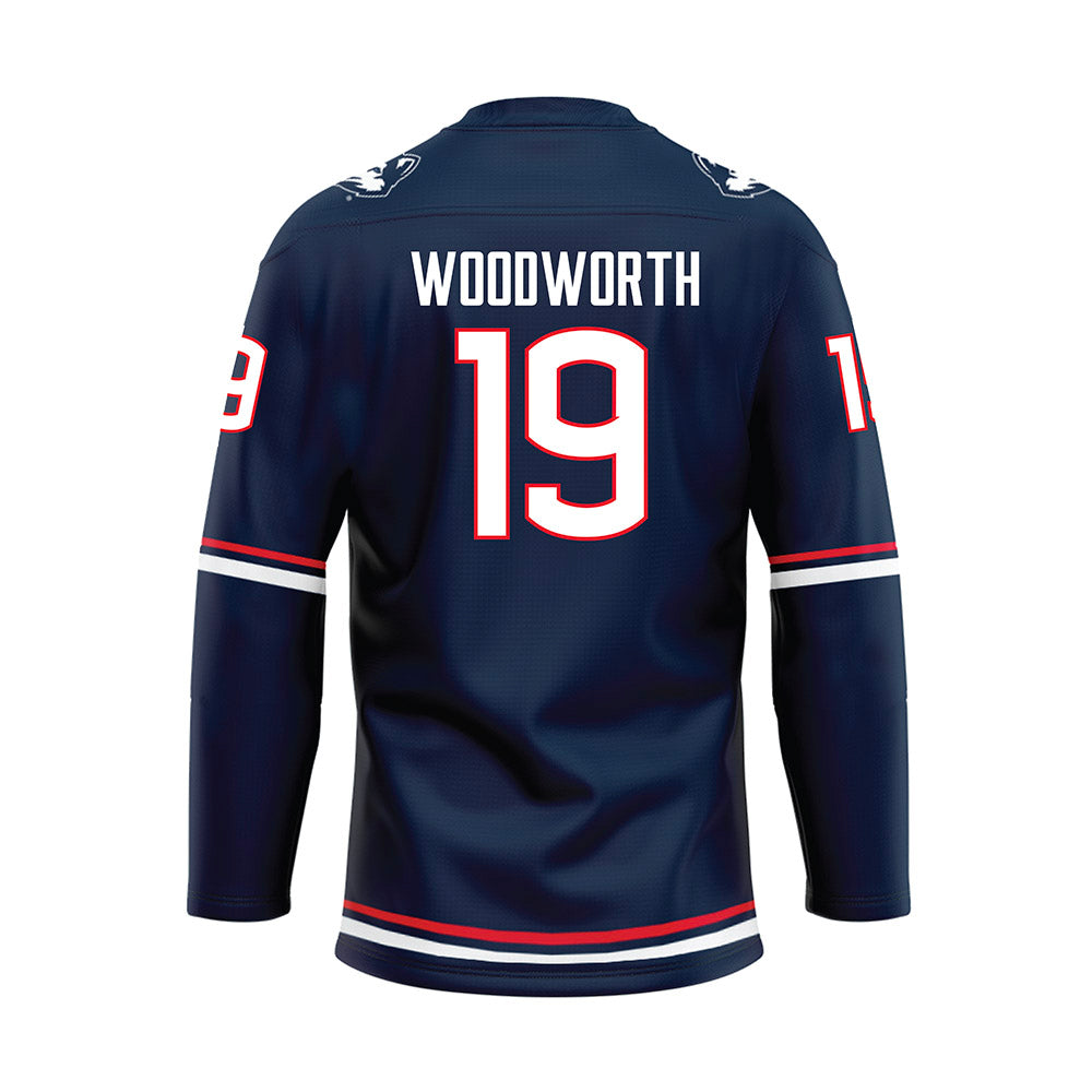 UConn - NCAA Women's Ice Hockey : Megan Woodworth - Navy Hockey Jersey