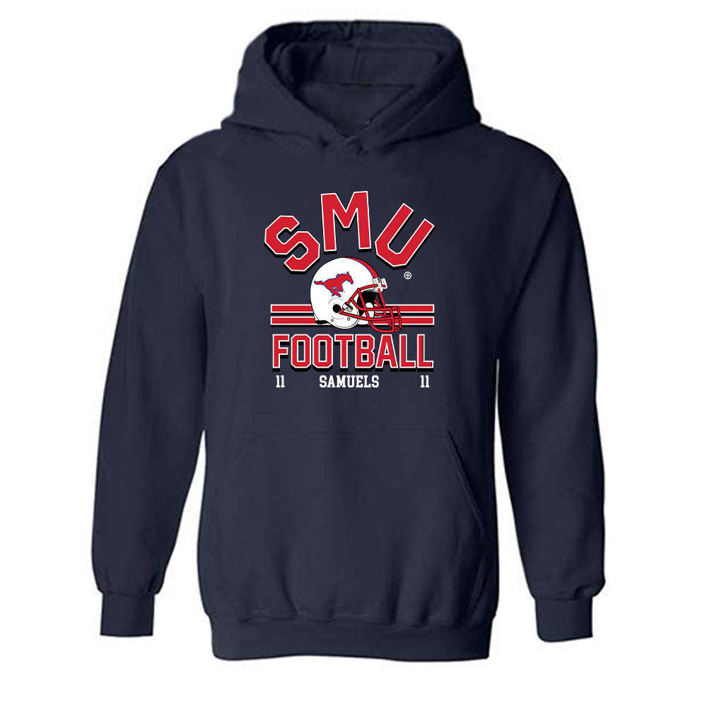 SMU - NCAA Football : Je'lin Samuels - Navy Classic Fashion Shersey Hooded Sweatshirt