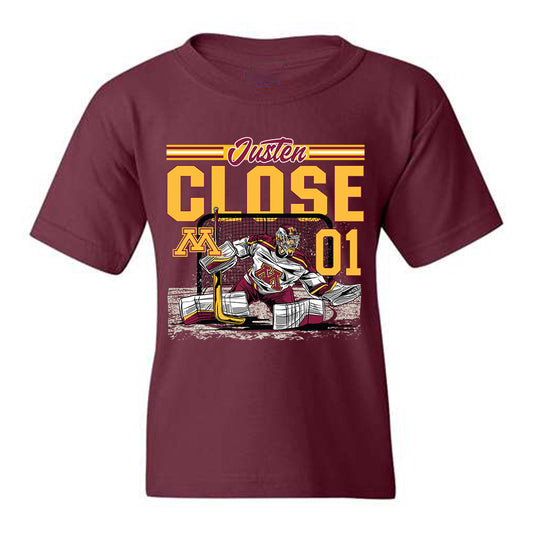 Minnesota - NCAA Men's Ice Hockey : Justen Close - Caricature Youth T-Shirt